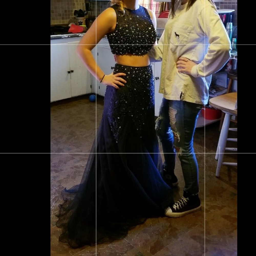 long 2 piece navy blue beaded dress
